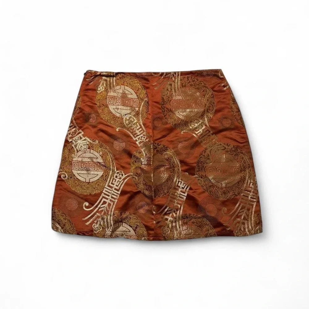 Vintage Y2K Whimsigoth Metallic Rust Bronze Gold Brocade Tapestry Mini Skir